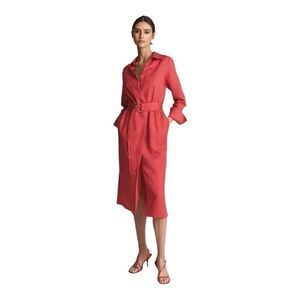 Reiss Emily Red Linen Blend Belted Midi Dress Size 2